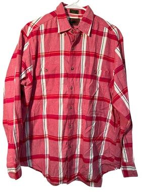 Boston Traders Men's Sz Large Button Down Shirt Red Pink White Plaid 100% Cotton